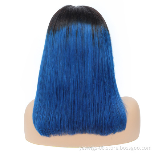 Yeswigs 1b-blue Short Bob Cut Wig Human Hair Lace Front Cuticle Aligned Remy Virgin Silky Straight 1b-blue Ombre Wig 8 Inch Bob